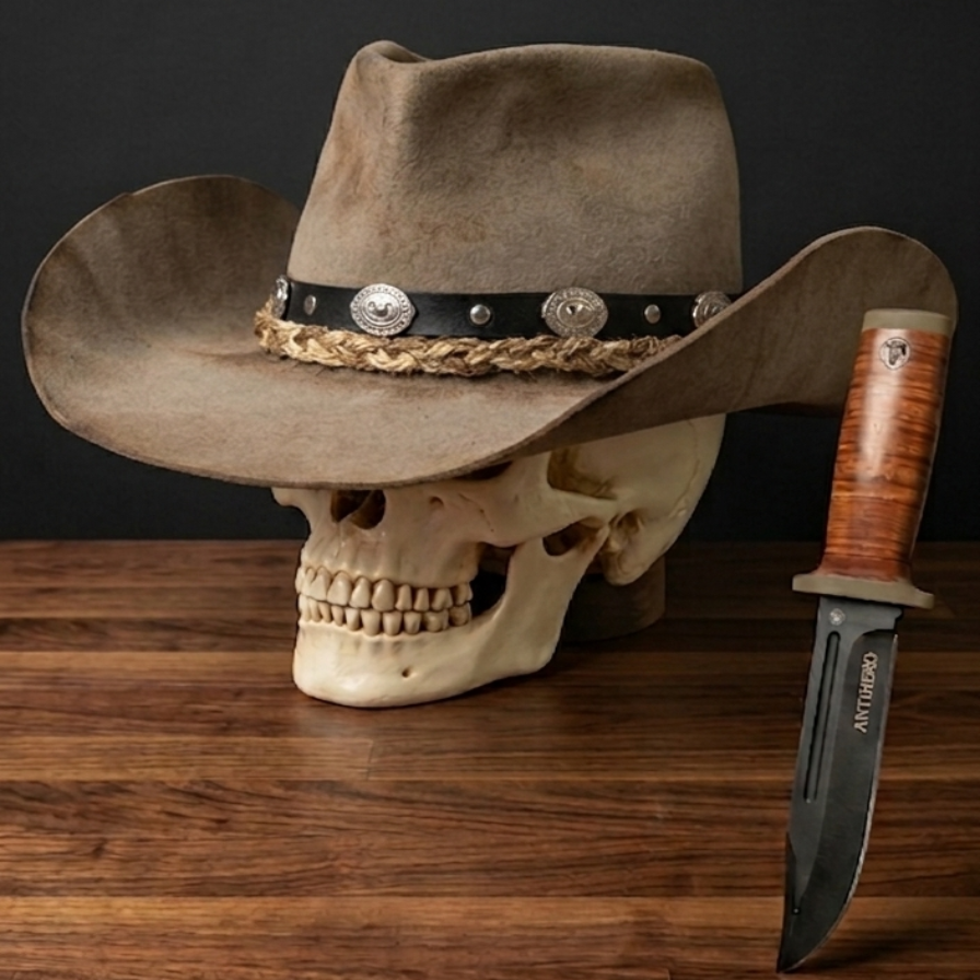 The Smokey Bandit, sand felt western hat with silver conchos on skull display, AntiHero Hats Benelux